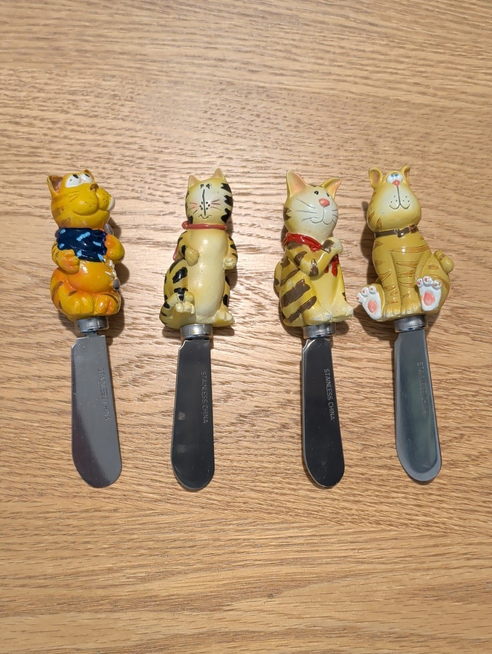 Set of 4 Vintage Cat Character Cheese Spreader Knives Stainless Steel
